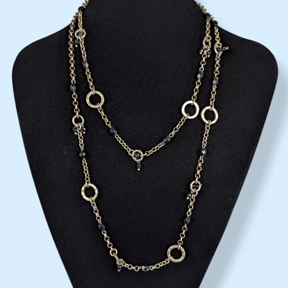 Long Black Glass & Metal Ring Necklace